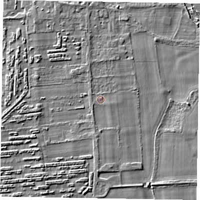 Shaded relief map of the ground around SL69QY, computed from Environment Agency LiDAR. The ground here sits at about 26 m above sea level and falls 4 m across the surrounding 800 m. Surface water reaching this point runs off ground lying to the north-north-east, 1.4 m higher.