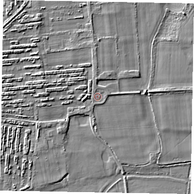 Shaded relief map of the ground around SL69QZ, computed from Environment Agency LiDAR. The ground here sits at about 25 m above sea level and falls 4 m across the surrounding 800 m. Surface water reaching this point runs off ground lying to the west-south-west, 2.2 m higher.