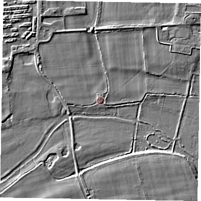 Shaded relief map of the ground around SL69RB, computed from Environment Agency LiDAR. The ground here sits at about 25 m above sea level and falls 4 m across the surrounding 800 m. Surface water reaching this point runs off ground lying to the north-north-west, 0.8 m higher.