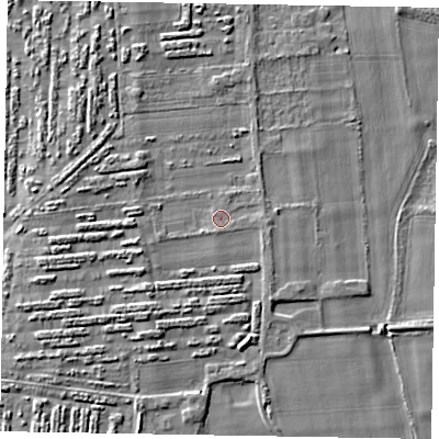 Shaded relief map of the ground around SL69RD, computed from Environment Agency LiDAR. The ground here sits at about 26 m above sea level and falls 4 m across the surrounding 800 m. Surface water reaching this point runs off ground lying to the north-north-west, 2.3 m higher.