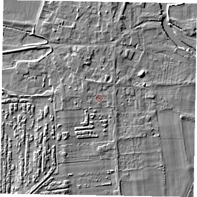 Shaded relief map of the ground around SL69RE, computed from Environment Agency LiDAR. The ground here sits at about 27 m above sea level and falls 4 m across the surrounding 800 m. Surface water reaching this point runs off ground lying to the west-north-west, 0.7 m higher.