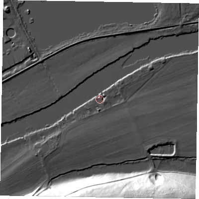 Shaded relief map of the ground around SL69RQ, computed from Environment Agency LiDAR. The ground here sits at about 26 m above sea level and falls 42 m across the surrounding 800 m. Surface water reaching this point runs off ground lying to the south-east, 2.1 m higher.