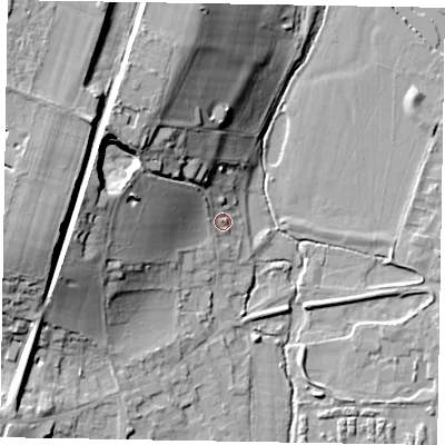 Shaded relief map of the ground around SL69RT, computed from Environment Agency LiDAR. The ground here sits at about 28 m above sea level and falls 23 m across the surrounding 800 m. Surface water reaching this point runs off ground lying to the west, 2.6 m higher.