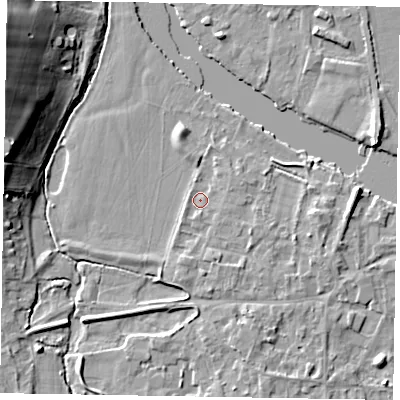 Shaded relief map of the ground around SL69RX, computed from Environment Agency LiDAR. The ground here sits at about 26 m above sea level and falls 17 m across the surrounding 800 m. Surface water reaching this point runs off ground lying to the east-north-east, 1.0 m higher.
