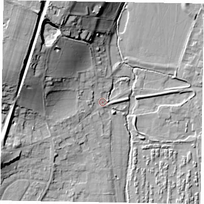 Shaded relief map of the ground around SL69SA, computed from Environment Agency LiDAR. The ground here sits at about 26 m above sea level and falls 23 m across the surrounding 800 m. Surface water reaching this point runs off ground lying to the north-north-west, 19.9 m higher.