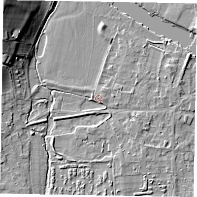 Shaded relief map of the ground around SL69SB, computed from Environment Agency LiDAR. The ground here sits at about 26 m above sea level and falls 20 m across the surrounding 800 m. Surface water reaching this point runs off ground lying to the south-south-west, 2.0 m higher.