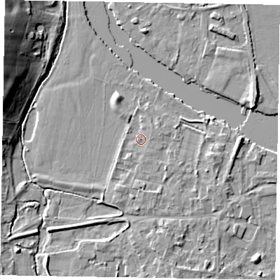 Shaded relief map of the ground around SL69SD, computed from Environment Agency LiDAR. The ground here sits at about 26 m above sea level and falls 14 m across the surrounding 800 m. Surface water reaching this point runs off ground lying to the east-north-east, 1.0 m higher.