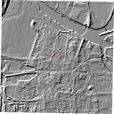 Shaded relief map of the ground around SL69SE, computed from Environment Agency LiDAR. The ground here sits at about 26 m above sea level and falls 6 m across the surrounding 800 m. Surface water reaching this point runs off ground lying to the north-west, 1.0 m higher.