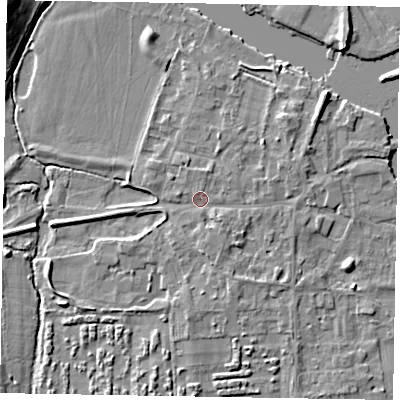 Shaded relief map of the ground around SL69SF, computed from Environment Agency LiDAR. The ground here sits at about 26 m above sea level and falls 9 m across the surrounding 800 m. Surface water reaching this point runs off ground lying to the south-east, 1.5 m higher.