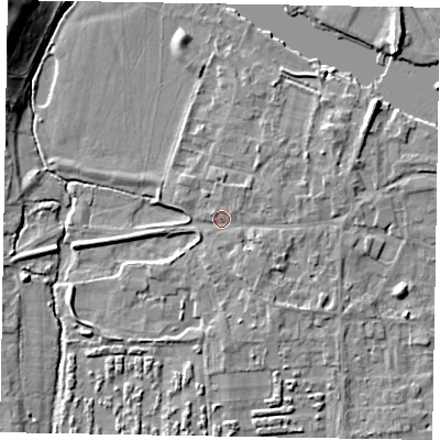 Shaded relief map of the ground around SL69SG, computed from Environment Agency LiDAR. The ground here sits at about 26 m above sea level and falls 12 m across the surrounding 800 m. Surface water reaching this point runs off ground lying to the east-south-east, 1.5 m higher.