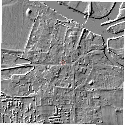 Shaded relief map of the ground around SL69SH, computed from Environment Agency LiDAR. The ground here sits at about 27 m above sea level and falls 6 m across the surrounding 800 m. Surface water reaching this point runs off ground lying to the north-north-east, 1.2 m higher.