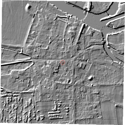 Shaded relief map of the ground around SL69SJ, computed from Environment Agency LiDAR. The ground here sits at about 27 m above sea level and falls 6 m across the surrounding 800 m. Surface water reaching this point runs off ground lying to the south-west, 1.4 m higher.