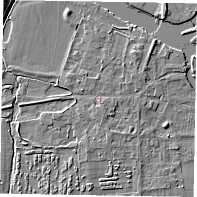 Shaded relief map of the ground around SL69SL, computed from Environment Agency LiDAR. The ground here sits at about 26 m above sea level and falls 6 m across the surrounding 800 m. Surface water reaching this point runs off ground lying to the south-east, 1.5 m higher.