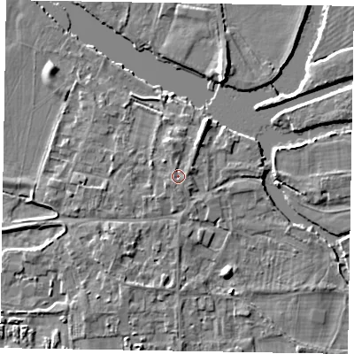 Shaded relief map of the ground around SL69SN, computed from Environment Agency LiDAR. The ground here sits at about 27 m above sea level and falls 6 m across the surrounding 800 m. Surface water reaching this point runs off ground lying to the north-east, 1.0 m higher.