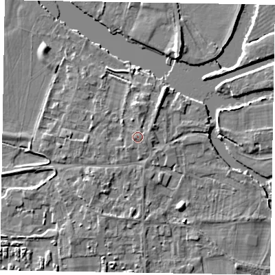 Shaded relief map of the ground around SL69SP, computed from Environment Agency LiDAR. The ground here sits at about 27 m above sea level and falls 6 m across the surrounding 800 m. Surface water reaching this point runs off ground lying to the north-east, 0.6 m higher.