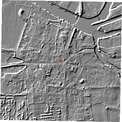 Shaded relief map of the ground around SL69SQ, computed from Environment Agency LiDAR. The ground here sits at about 26 m above sea level and falls 6 m across the surrounding 800 m. Surface water reaching this point runs off ground lying to the north, 1.2 m higher.