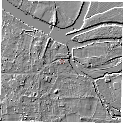Shaded relief map of the ground around SL69SR, computed from Environment Agency LiDAR. The ground here sits at about 26 m above sea level and falls 6 m across the surrounding 800 m. Surface water reaching this point runs off ground lying to the west-north-west, 2.2 m higher.