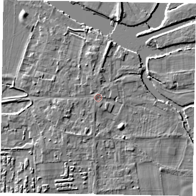 Shaded relief map of the ground around SL69SU, computed from Environment Agency LiDAR. The ground here sits at about 26 m above sea level and falls 6 m across the surrounding 800 m. Surface water reaching this point runs off ground lying to the north-north-west, 1.2 m higher.