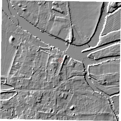 Shaded relief map of the ground around SL69SW, computed from Environment Agency LiDAR. The ground here sits at about 27 m above sea level and falls 6 m across the surrounding 800 m. Surface water reaching this point runs off ground lying to the east, 2.3 m higher.