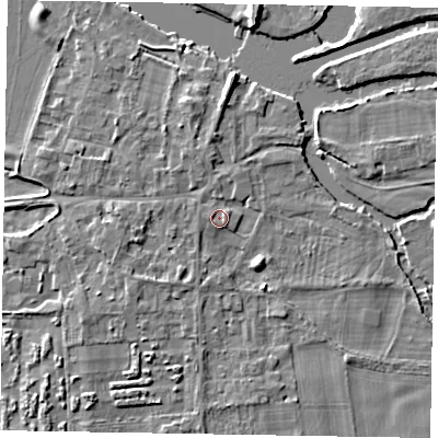 Shaded relief map of the ground around SL69SX, computed from Environment Agency LiDAR. The ground here sits at about 26 m above sea level and falls 6 m across the surrounding 800 m. Surface water reaching this point runs off ground lying to the east, 1.1 m higher.