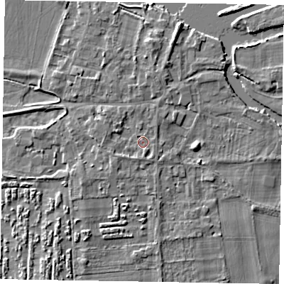 Shaded relief map of the ground around SL69SY, computed from Environment Agency LiDAR. The ground here sits at about 26 m above sea level and falls 5 m across the surrounding 800 m. Surface water reaching this point runs off ground lying to the south-west, 1.4 m higher.