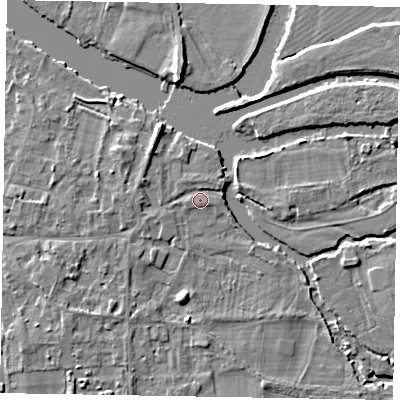 Shaded relief map of the ground around SL69SZ, computed from Environment Agency LiDAR. The ground here sits at about 26 m above sea level and falls 6 m across the surrounding 800 m. Surface water reaching this point runs off ground lying to the west-north-west, 2.2 m higher.