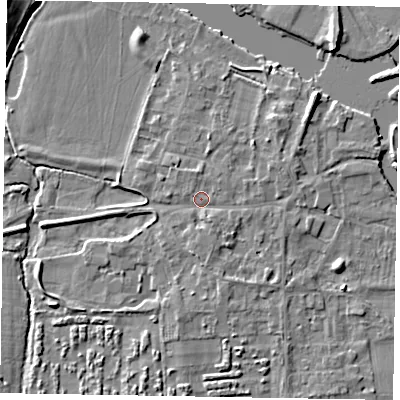 Shaded relief map of the ground around SL69TA, computed from Environment Agency LiDAR. The ground here sits at about 26 m above sea level and falls 7 m across the surrounding 800 m. Surface water reaching this point runs off ground lying to the south-south-east, 1.5 m higher.