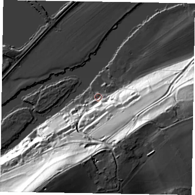 Shaded relief map of the ground around SL69TP, computed from Environment Agency LiDAR. The ground here sits at about 28 m above sea level and falls 61 m across the surrounding 800 m. Surface water reaching this point runs off ground lying to the south-south-east, 47.8 m higher.