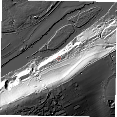 Shaded relief map of the ground around SL69TR, computed from Environment Agency LiDAR. The ground here sits at about 45 m above sea level and falls 72 m across the surrounding 800 m. Surface water reaching this point runs off ground lying to the south-east, 52.6 m higher.