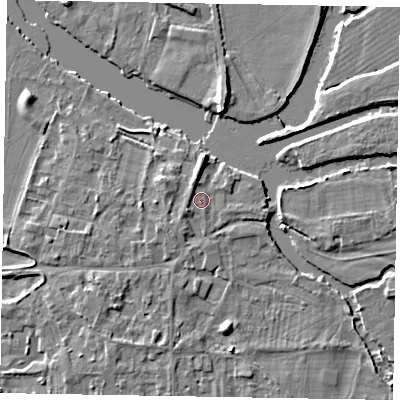Shaded relief map of the ground around SL69XH, computed from Environment Agency LiDAR. The ground here sits at about 27 m above sea level and falls 6 m across the surrounding 800 m. Surface water reaching this point runs off ground lying to the east-north-east, 0.7 m higher.