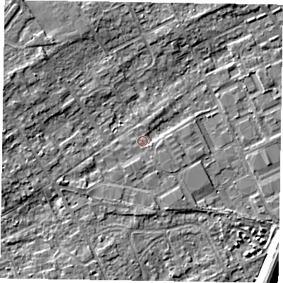 Shaded relief map of the ground around SL71AL, computed from Environment Agency LiDAR. The ground here sits at about 28 m above sea level and falls 9 m across the surrounding 800 m. Surface water reaching this point runs off ground lying to the west-south-west, 1.9 m higher.