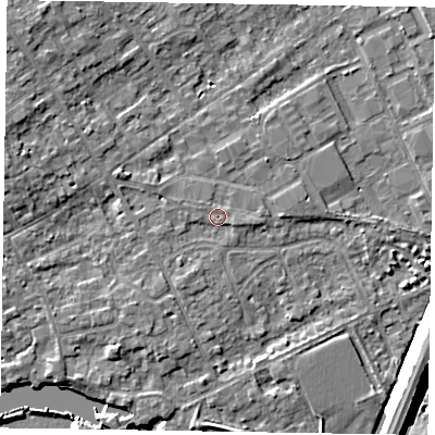 Shaded relief map of the ground around SL71AN, computed from Environment Agency LiDAR. The ground here sits at about 29 m above sea level and falls 10 m across the surrounding 800 m. Surface water reaching this point runs off ground lying to the west-north-west, 3.0 m higher.