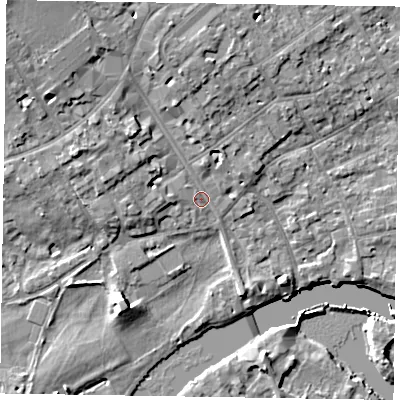 Shaded relief map of the ground around SL71AQ, computed from Environment Agency LiDAR. The ground here sits at about 30 m above sea level and falls 12 m across the surrounding 800 m. Surface water reaching this point runs off ground lying to the north-west, 6.5 m higher.