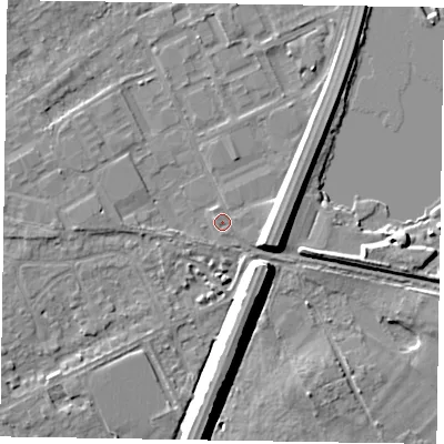 Shaded relief map of the ground around SL71BU, computed from Environment Agency LiDAR. The ground here sits at about 28 m above sea level and falls 10 m across the surrounding 800 m. Surface water reaching this point runs off ground lying to the east-south-east, 6.3 m higher.