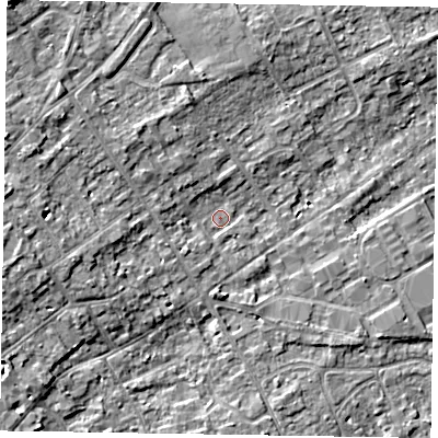 Shaded relief map of the ground around SL71DU, computed from Environment Agency LiDAR. The ground here sits at about 28 m above sea level and falls 8 m across the surrounding 800 m. Surface water reaching this point runs off ground lying to the west, 5.1 m higher.