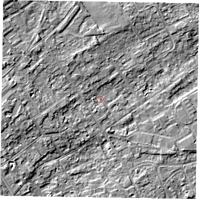 Shaded relief map of the ground around SL71DW, computed from Environment Agency LiDAR. The ground here sits at about 29 m above sea level and falls 8 m across the surrounding 800 m. Surface water reaching this point runs off ground lying to the west, 5.2 m higher.