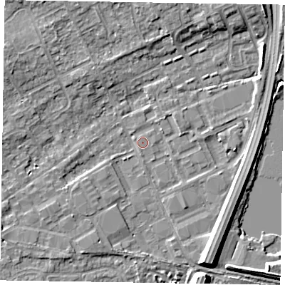Shaded relief map of the ground around SL71EY, computed from Environment Agency LiDAR. The ground here sits at about 28 m above sea level and falls 8 m across the surrounding 800 m. Surface water reaching this point runs off ground lying to the north-east, 4.6 m higher.