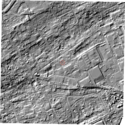 Shaded relief map of the ground around SL71FJ, computed from Environment Agency LiDAR. The ground here sits at about 28 m above sea level and falls 8 m across the surrounding 800 m. Surface water reaching this point runs off ground lying to the west-south-west, 1.9 m higher.