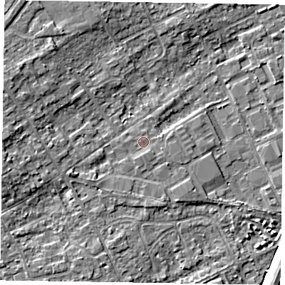 Shaded relief map of the ground around SL71FX, computed from Environment Agency LiDAR. The ground here sits at about 28 m above sea level and falls 8 m across the surrounding 800 m. Surface water reaching this point runs off ground lying to the west-south-west, 1.9 m higher.