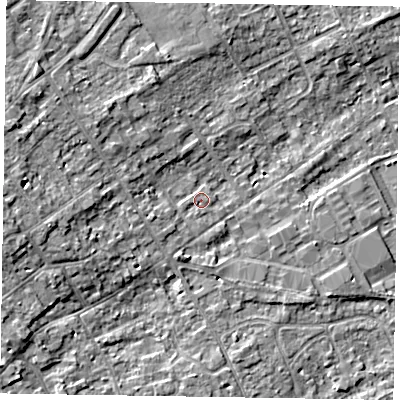 Shaded relief map of the ground around SL71GP, computed from Environment Agency LiDAR. The ground here sits at about 29 m above sea level and falls 6 m across the surrounding 800 m. Surface water reaching this point runs off ground lying to the west-north-west, 4.8 m higher.