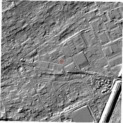 Shaded relief map of the ground around SL71HZ, computed from Environment Agency LiDAR. The ground here sits at about 28 m above sea level and falls 9 m across the surrounding 800 m. Surface water reaching this point runs off ground lying to the north-north-east, 0.8 m higher.