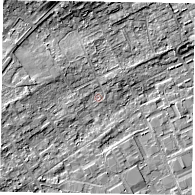 Shaded relief map of the ground around SL71JN, computed from Environment Agency LiDAR. The ground here sits at about 28 m above sea level and falls 8 m across the surrounding 800 m. Surface water reaching this point runs off ground lying to the west, 3.7 m higher.