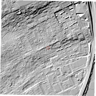 Shaded relief map of the ground around SL71LD, computed from Environment Agency LiDAR. The ground here sits at about 29 m above sea level and falls 13 m across the surrounding 800 m. Surface water reaching this point runs off ground lying to the north-north-east, 1.7 m higher.