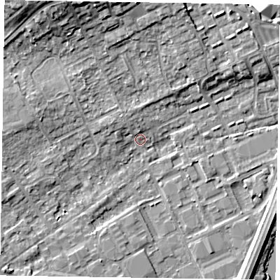 Shaded relief map of the ground around SL71LG, computed from Environment Agency LiDAR. The ground here sits at about 28 m above sea level and falls 10 m across the surrounding 800 m. Surface water reaching this point runs off ground lying to the west-north-west, 2.5 m higher.