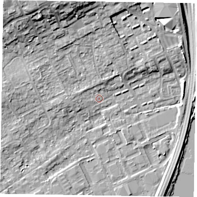 Shaded relief map of the ground around SL71LH, computed from Environment Agency LiDAR. The ground here sits at about 28 m above sea level and falls 12 m across the surrounding 800 m. Surface water reaching this point runs off ground lying to the north-north-west, 11.0 m higher.
