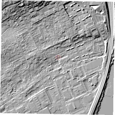Shaded relief map of the ground around SL71LJ, computed from Environment Agency LiDAR. The ground here sits at about 28 m above sea level and falls 12 m across the surrounding 800 m. Surface water reaching this point runs off ground lying to the north-north-west, 10.6 m higher.