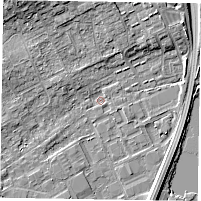 Shaded relief map of the ground around SL71LL, computed from Environment Agency LiDAR. The ground here sits at about 27 m above sea level and falls 9 m across the surrounding 800 m. Surface water reaching this point runs off ground lying to the north-west, 7.5 m higher.