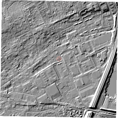 Shaded relief map of the ground around SL71LN, computed from Environment Agency LiDAR. The ground here sits at about 27 m above sea level and falls 8 m across the surrounding 800 m. Surface water reaching this point runs off ground lying to the north-east, 4.4 m higher.