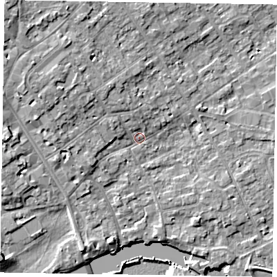 Shaded relief map of the ground around SL71LP, computed from Environment Agency LiDAR. The ground here sits at about 29 m above sea level and falls 10 m across the surrounding 800 m. Surface water reaching this point runs off ground lying to the west-north-west, 4.8 m higher.
