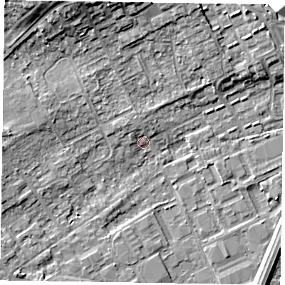 Shaded relief map of the ground around SL71LQ, computed from Environment Agency LiDAR. The ground here sits at about 28 m above sea level and falls 10 m across the surrounding 800 m. Surface water reaching this point runs off ground lying to the north-west, 2.4 m higher.